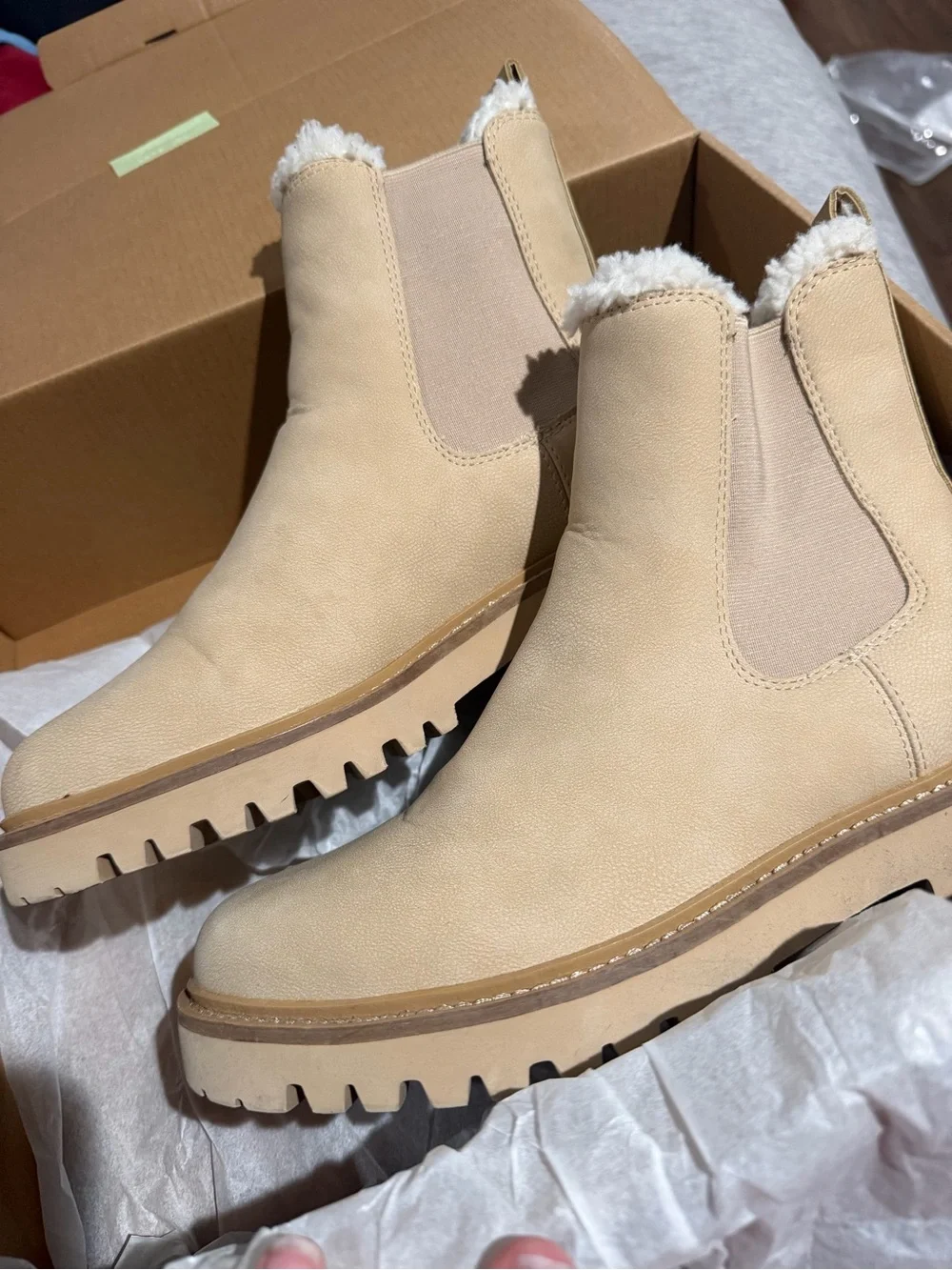 J. Crew Cream Chelsea Lug Ankle Boots with Faux Shearling Trim - Picture 1 of 6
